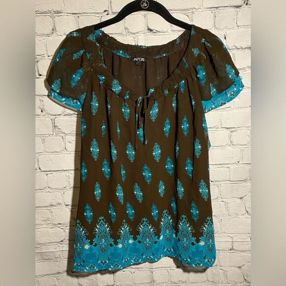 Apt 9 Women’s Cap Sleeve Tie Neck Top Size L Brown and Blue Layered - Picture 1 of 8